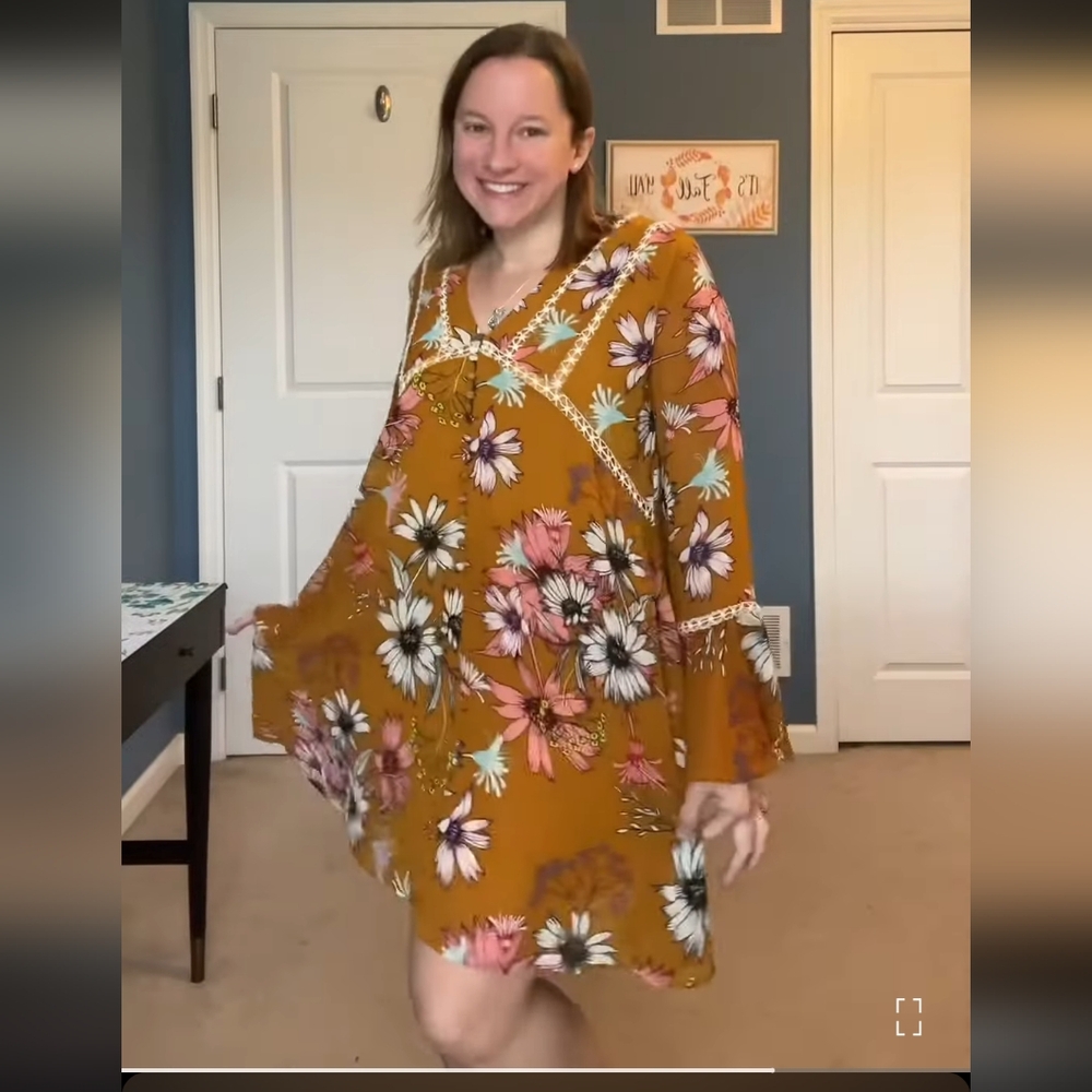 NWT Boho Floral Mustard Dress with Bell Sleeves